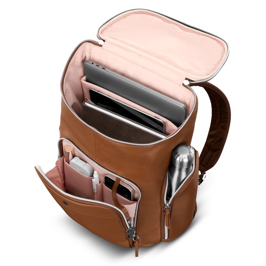 Mobile Solution 2 Leather Deluxe Backpack in the color Cognac. image number 1