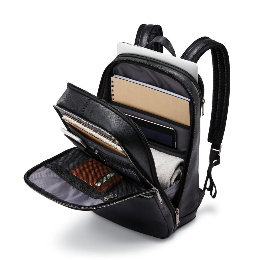 Classic Leather Slim Backpack in the color Black. image number 4