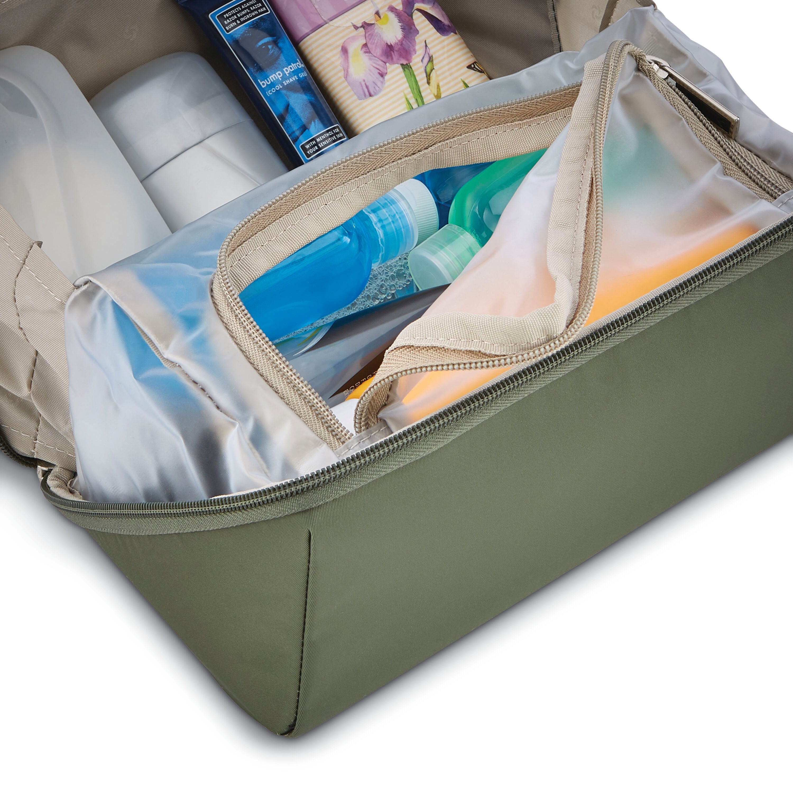 Lay flat outlet toiletry bag