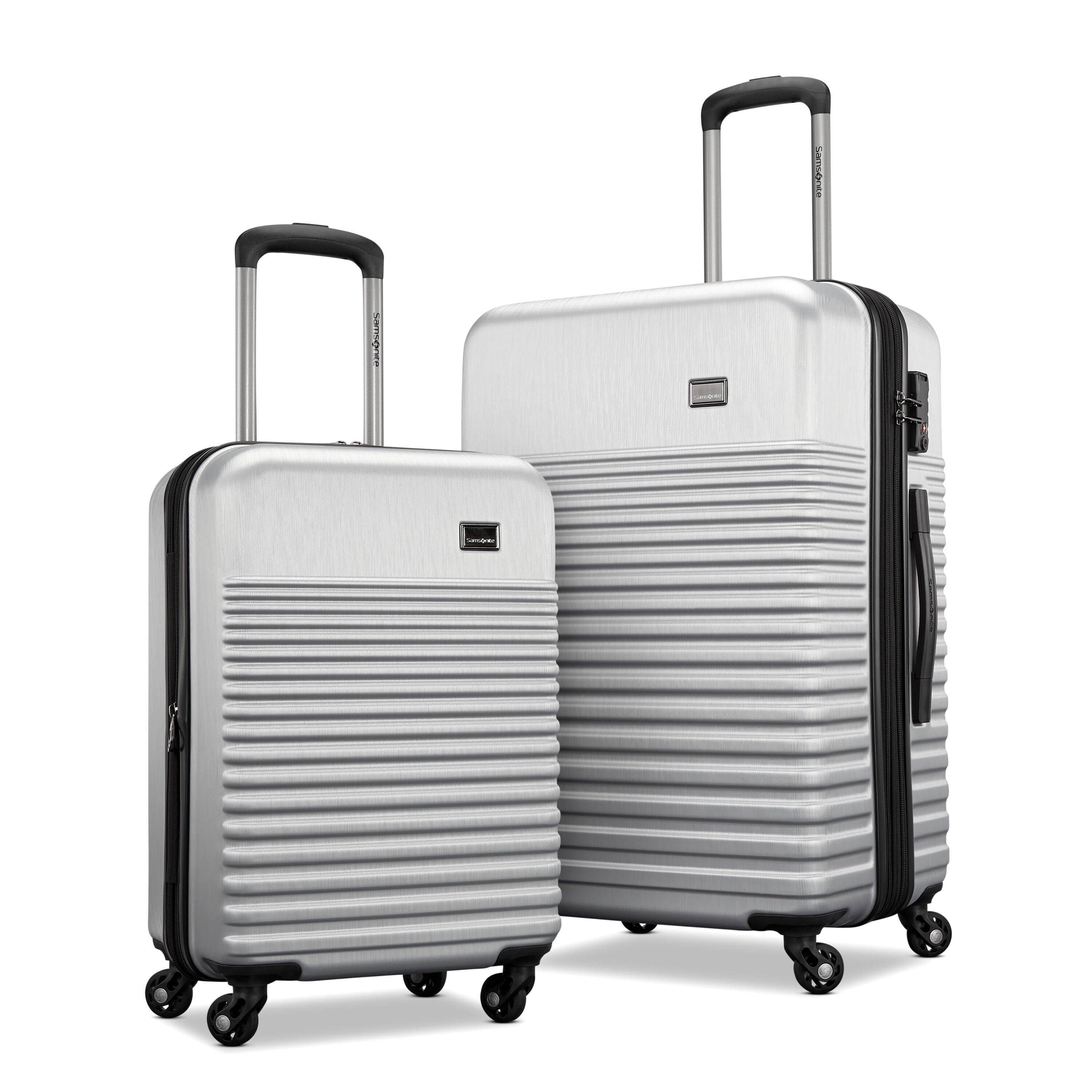 two silver suitcases with roller wheels and handle.