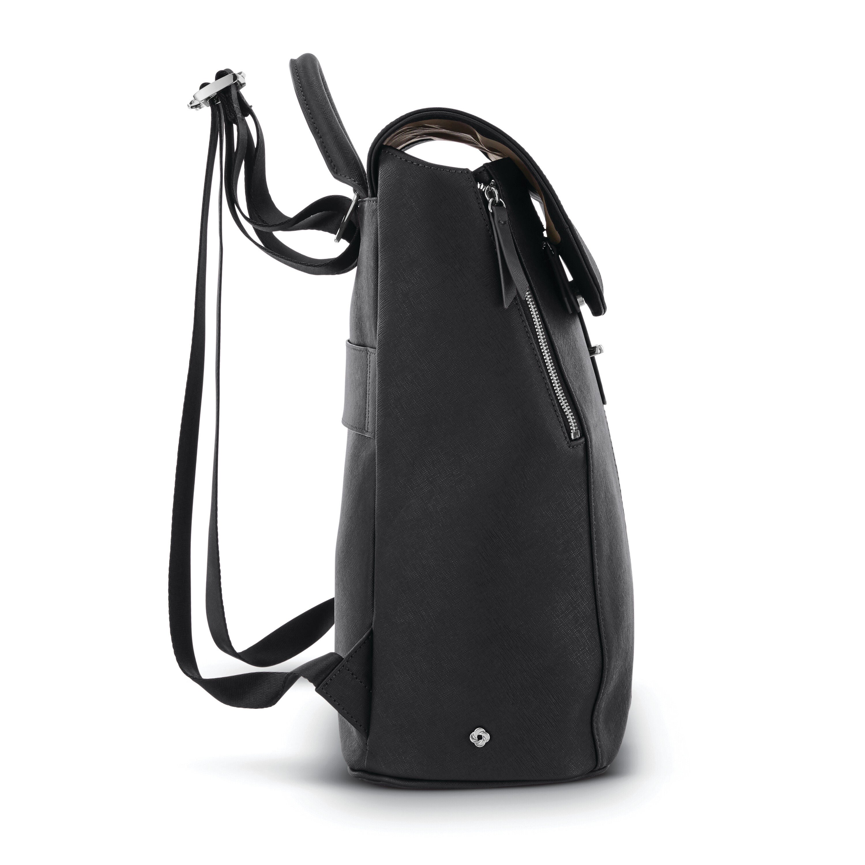 Black leather flap backpack top