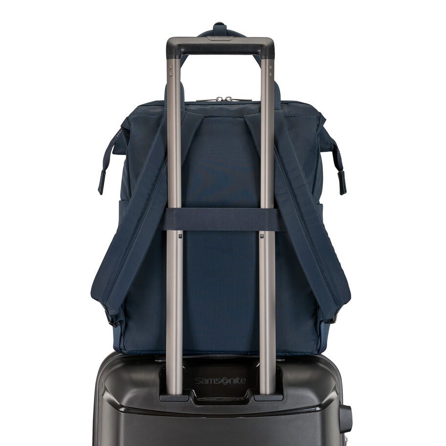 Back of backpack with rolling suitcase