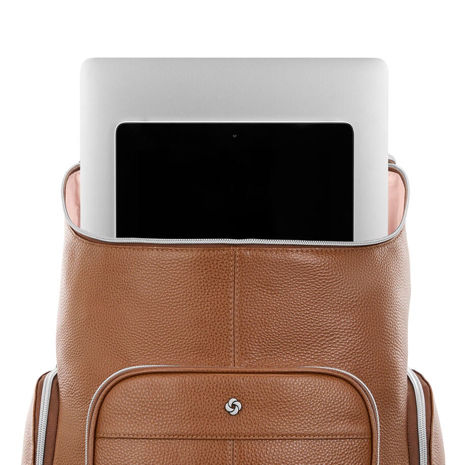 Mobile Solution 2 Leather Deluxe Backpack in the color Cognac. image number 2