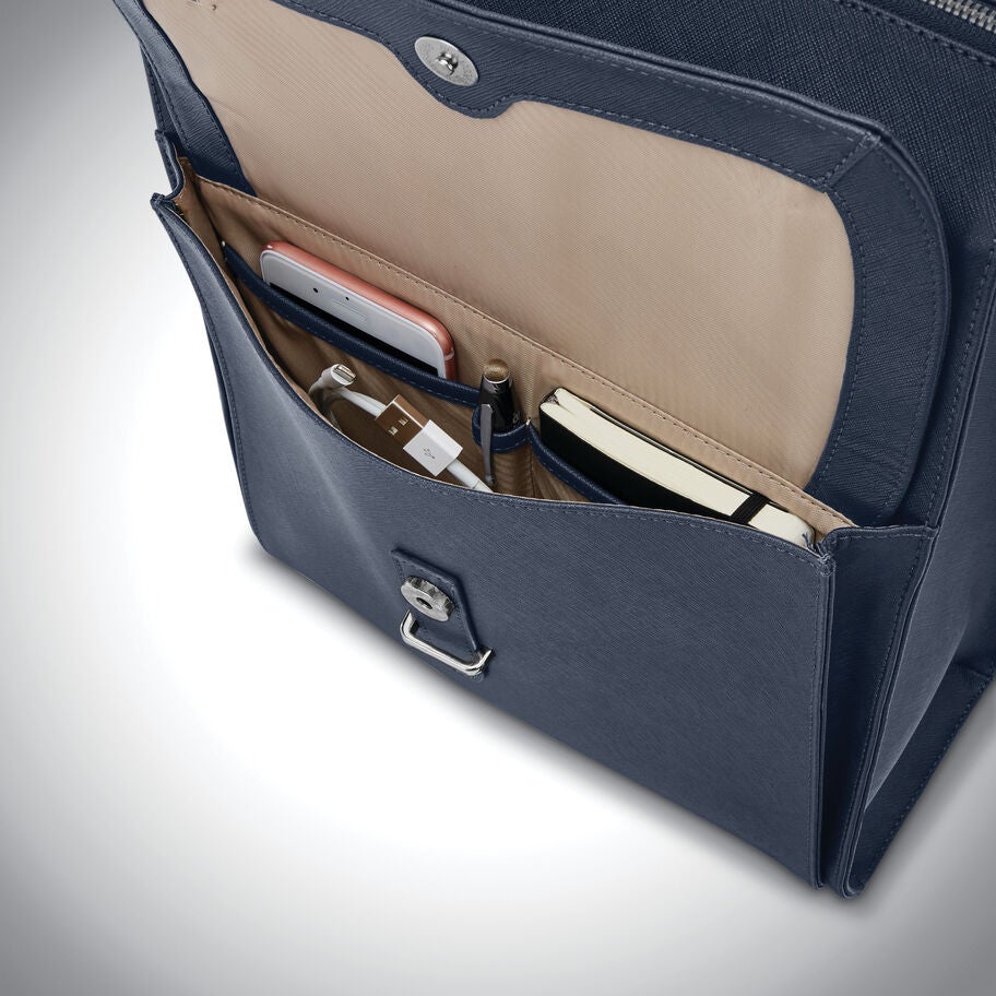 Women's Executive Leather Convertible Backpack in the color Navy. image number 2