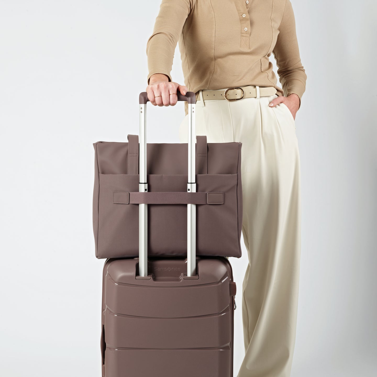 Stack the Tote on top of any Carry-on to travel with ease.